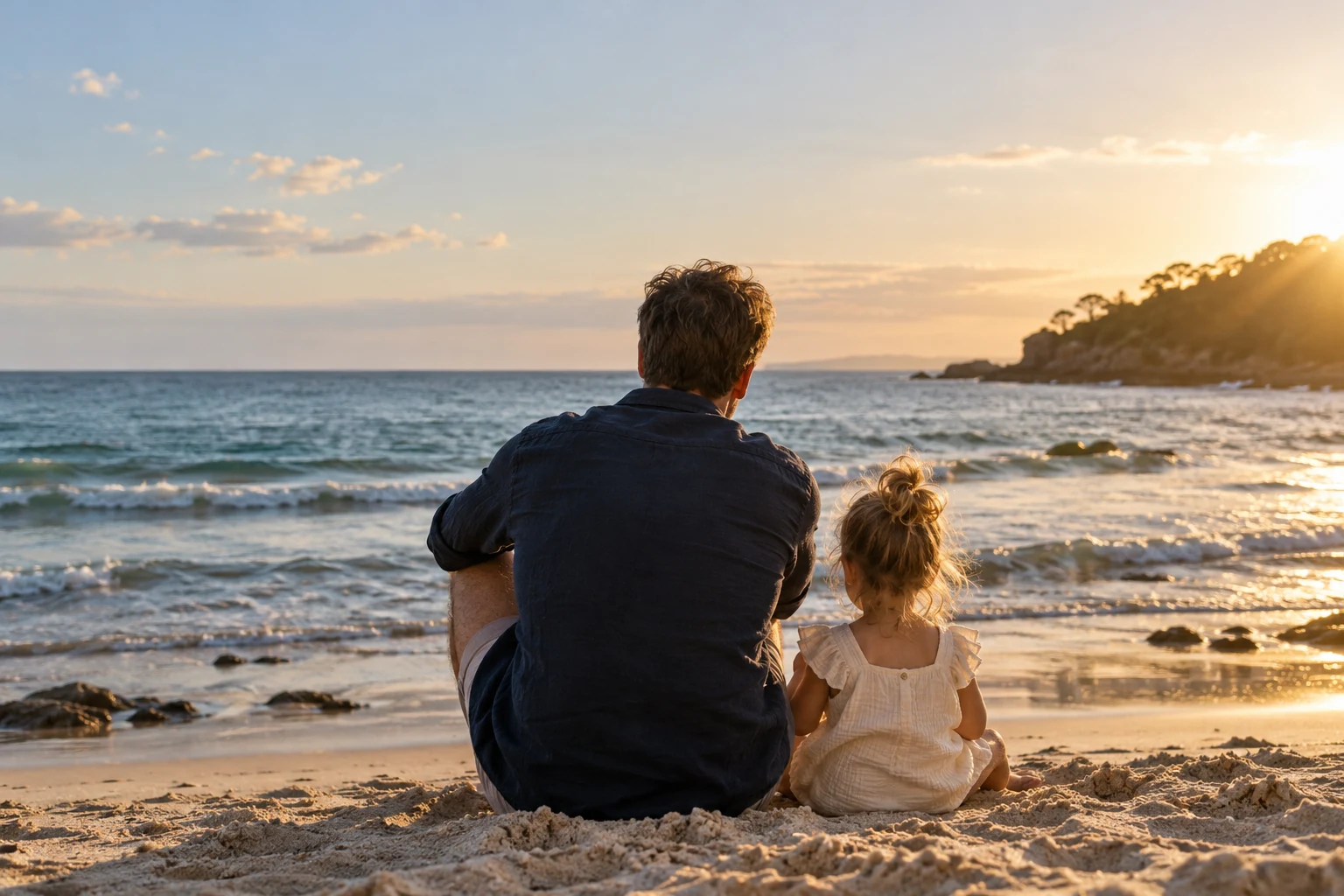 A dad and his young daughter sharing a quiet moment on the beach